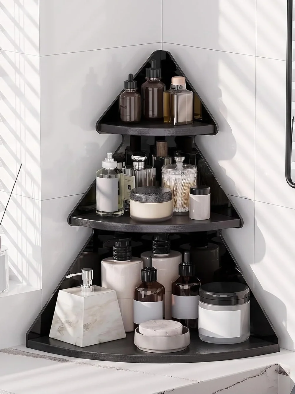 Black Corner Bathroom Shelf Organizer - 3-Tier Space-Saving Storage
